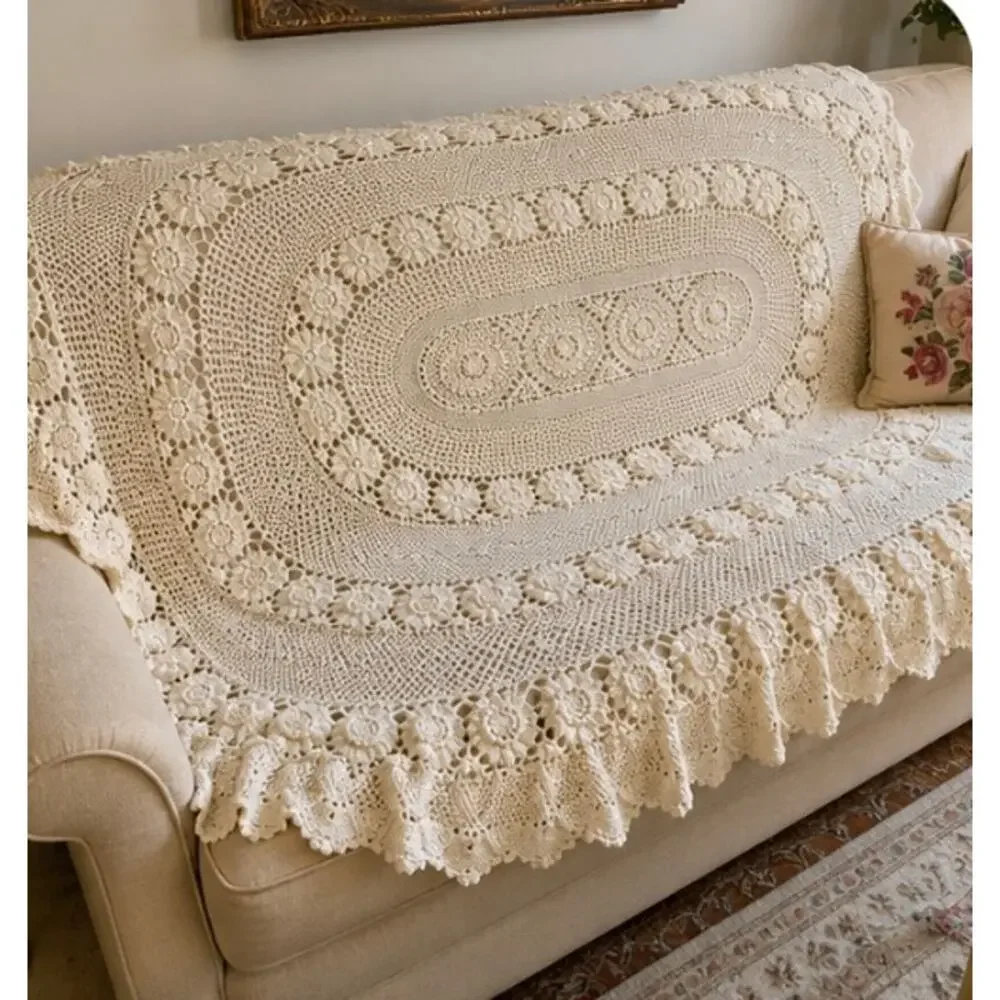 Vintage Handmade Crochet Lace Coverlet Throw Ecru Floral Roses Raised Crochet